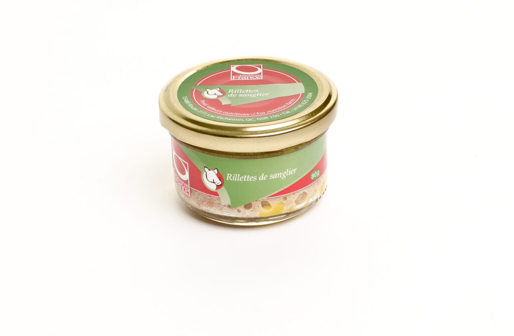 Petit pot de rillettes de sanglier, verrine, conserve.