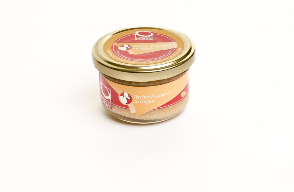 Petit pot de terrine de canard au cognac, verrine, conserve.