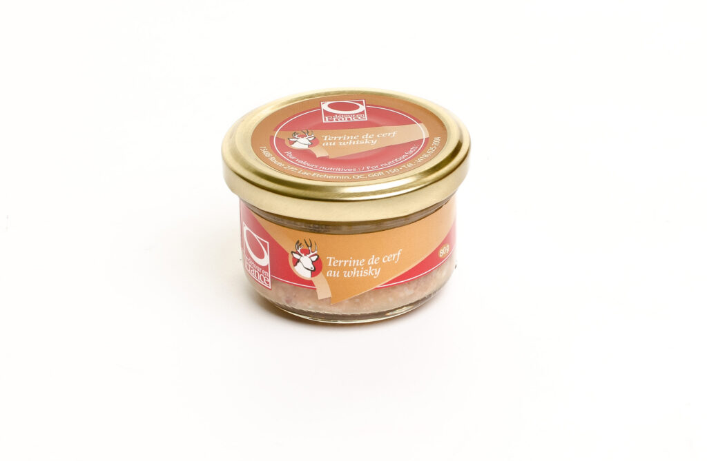 Petit pot de terrine de cerf au whisky, verrine, conserve.