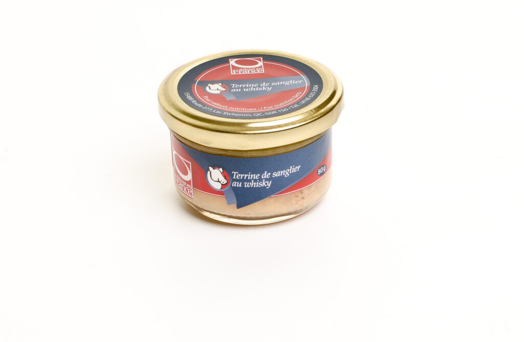 Petit pot de terrine de sanglier au whisky, verrine, conserve.