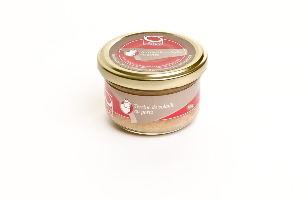 Petit pot de terrine de volaille au porto, verrine, conserve.
